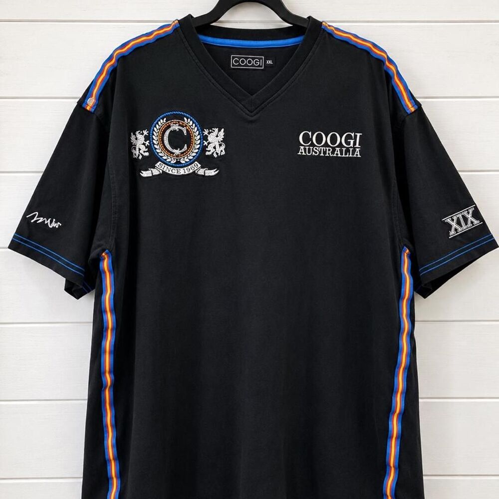 XXL Coogi Australia Black Embroidered V-Neck Graphic Shirt